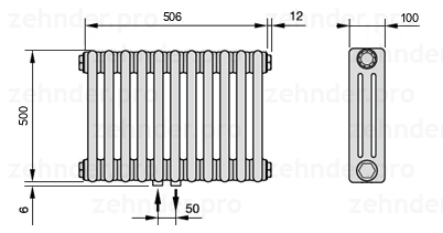 Схема (чертеж) Радиатор Zehnder Charleston 3050/11 №3470 Белый глянцевый RAL 9016